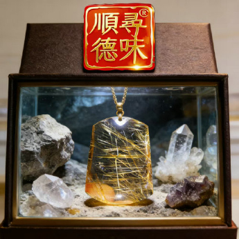 冰种金发晶梯形无字牌挂坠（49#茶） 规格47*30mm 重量 30.87克 编码 19000142