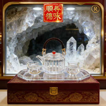 原石水晶事事如意百福仿古茶壶+4小茶杯(礼盒套装) 规格高9宽13口径10宽5高5cm 重量 // 编码 35103288