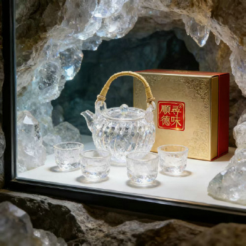 原石水晶仿古茶壶+4竹节冰烧杯(礼盒套装) 规格高9宽13口径10宽5高5cm 重量 // 编码 35103286