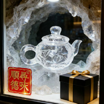 原石水晶莲蓬荷叶壶(大) 规格柄至壶嘴长20肚直径11连盖高10cm 重量 // 编码 35100007