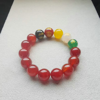 红玛瑙或黑玛瑙圆珠手链一条(五路财神.逢考必胜.金榜题名.） 规格主珠14mm 重量 // 编码 16800129（多种搭配看图选款）